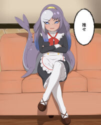 1girl absurdres alternate_costume apron basilosaurus_isis_(kemono_friends) black_dress blue_eyes blue_hair bow bowtie cetacean_tail collar crossed_arms crossed_legs dark-skinned_female dark_skin dress enmaided fins fish_tail frilled_apron frilled_collar frilled_cuffs frilled_dress frills grey_hair head_fins high_collar highres kemono_friends kemono_friends_3 long_hair long_sleeves looking_at_viewer maid multicolored_hair official_alternate_costume pantyhose ponytail purple_hair red_bow red_bowtie rest_in_muni sitting sleeve_cuffs solo tail translation_request whale_girl white_apron white_pantyhose