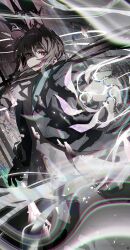 1girl absurdres amiya_(arknights) animal_ears arknights ascot black_jacket brown_hair closed_mouth dress hair_between_eyes highres jacket jewelry long_hair looking_at_viewer multiple_rings rabbit_ears rabbit_girl red_eyes ring shaded_face solo songchuan_li space white_ascot white_dress
