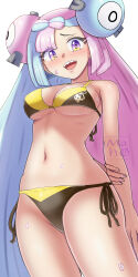 1girl absurdres arm_at_side bare_arms bare_legs bikini black_bikini blue_hair blush bow-shaped_hair breasts character_hair_ornament cleavage fake_hair_bun from_below gen_1_pokemon gradient_eyes hair_ornament highres iono_(pokemon) long_hair looking_at_viewer low-tied_long_hair magnemite maho_(corotonton5150) medium_breasts multicolored_bikini multicolored_eyes multicolored_hair navel nintendo open_mouth pink_hair pokemon pokemon_sv raised_eyebrows sharp_teeth smile solo split-color_hair sweatdrop swimsuit teeth two-tone_bikini yellow_bikini