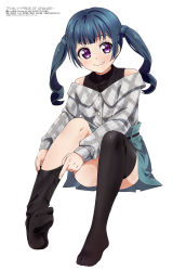Rule 34 | 1girl, absurdres, black shirt, black thighhighs, blunt bangs, clothes lift, convenient censoring, convenient leg, feet, full body, green hair, green skirt, grey shirt, highres, layered shirt, looking at viewer, megami magazine, mizusawa ayaka, official art, plaid clothes, plaid shirt, puraore! pride of orange, purple eyes, scan, shirt, simple background, sitting, skirt, skirt lift, smile, solo, strapless, tanaka kii, thighhighs, twintails, undressing, white background