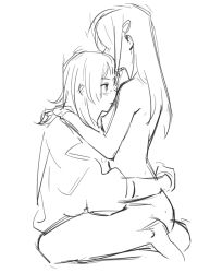 2girls bang_dream! bang_dream!_it&#039;s_mygo!!!!! blush clothed_female_nude_female commentary cracy_logan ear_blush greyscale hair_ornament hairclip highres hug long_hair medium_hair monochrome multiple_girls nipples nude straddling wakaba_mutsumi yahata_umiri yuri