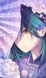 Rule 34 | 1boy, absurdres, alternate costume, chinese clothes, commentary, diamond-shaped pupils, diamond (shape), english commentary, flower, genshin impact, green hair, hand fan, highres, holding, holding fan, krisichiki, long hair, looking at viewer, male focus, parted lips, peony (flower), portrait, purple shirt, shirt, solo, symbol-shaped pupils, xiao (genshin impact), yellow eyes
