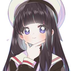 1girl black_hair black_shirt blunt_bangs blush cardcaptor_sakura closed_mouth daidouji_tomoyo highres long_hair long_sleeves looking_at_viewer purple_eyes sailor_collar school_uniform shirt simple_background smile solo tomoeda_elementary_school_uniform white_background white_sailor_collar yalmyu