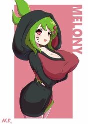 1girl :3 absurdres blush breasts cleavage facial_mark food-themed_hair_ornament glitch_productions green_hair hair_ornament highres huge_breasts melony_(smg4) open_mouth red_eyes short_hair smg4 solo watermelon_hair_ornament whisker_markings