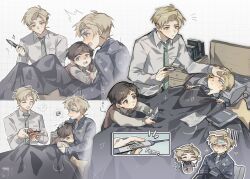3boys ? age_comparison albert_brudzewski_(chi.) black_hair blonde_hair blue_eyes blush book brown_vest chi.:_chikyuu_no_undou_ni_tsuite child clenched_teeth closed_eyes collared_shirt fever furrowed_brow grey_eyes grey_pajamas grey_shirt grid_background hand_on_another&#039;s_forehead highres holding holding_knife holding_thermometer knife male_focus multiple_boys multiple_views neckerchief necktie one_eye_closed open_mouth pajamas parted_bangs rafal_(fire_emblem) shirt short_hair sick smile spoken_question_mark spoken_squiggle squiggle striped_necktie sweatdrop sweater_vest swept_bangs teeth thermometer toramledak under_covers vest white_neckerchief