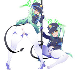 2girls absurdres aimo_(aimo1214) aqua_hair ass blue_archive blush buttons commentary_request covered_anus double-breasted gloves grin halo hat highres hikari_(blue_archive) looking_at_viewer multiple_girls nozomi_(blue_archive) open_mouth panties pointy_ears pole_dancing simple_background sitting smile spread_legs spread_pussy spread_pussy_under_clothes tail tiptoes twintails underwear white_background white_gloves white_panties yellow_eyes