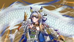1girl 1other absurdres arknights bare_shoulders breasts brooch closed_mouth collarbone dragon dragon_girl dragon_horns eastern_dragon eastern_dragon_horns eastern_dragon_tail green_eyes hair_between_eyes highres holding holding_sword holding_weapon horns jewelry long_hair looking_at_viewer medium_breasts pointy_ears shirt shu_(arknights) smile strapless strapless_shirt sword tenkanosakana tube_top weapon white_tube_top