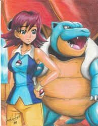 1girl 2018 artist_name bare_shoulders blastoise blue_eyes blue_shirt brown_eyes claws closed_mouth collarbone cowboy_shot gen_1_pokemon hand_on_own_hip holding holding_poke_ball indoors jewelry looking_to_the_side neesha_(pokemon) nintendo open_mouth pants pendant poke_ball pokemon pokemon:_the_first_movie_-_mewtwo_strikes_back pokemon_(anime) pokemon_(classic_anime) pokemon_(creature) ravernclouk_design red_hair sharp_teeth shirt short_hair sleeveless sleeveless_shirt smile standing teeth tongue traditional_media wristband yellow_pants