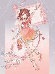 1girl absurdres alternate_costume artist_request bang_dream! brown_eyes brown_hair dress full_body happy happy_birthday highres medium_hair mirror open_mouth solo standing star_(symbol) teeth toyama_kasumi upper_teeth_only v