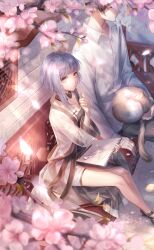 1boy 1girl :o animal animal_on_lap artist_request bare_legs black_boots black_collar black_pants black_shirt blunt_bangs blunt_ends bob_cut boots branch buttons card_(medium) cat cat_on_lap cherry_blossoms chinese_clothes collar collarbone day detached_collar drawing_(object) dress_shirt expressionless falling_petals flower game_cg grey_hair head_out_of_frame highres holding holding_sketchbook jacket knees light_rays long_sleeves looking_at_viewer miniskirt nikki_(series) official_art on_bench on_lap outdoors pants parted_lips pencil petals pink_flower shining_nikki shirt short_hair_with_long_locks single_sidelock sitting sketchbook skirt solo_focus spring_(season) white_jacket white_shirt white_skirt yellow_eyes yexiao_(shining_nikki)