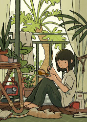 ._. 1girl balcony barefoot book brown_hair closed_mouth coffee_mug commentary cup curtains day eating fork full_body glass_door green_pants highres holding holding_fork holding_plate indoors knees_up light_blush light_smile looking_at_animal marunoki medium_hair mug open_clothes open_shirt orange_cat original pants pile_of_books pitcher_(container) plant plate potted_plant radio rope rug shirt short_sleeves sitting solo symbol-only_commentary table towel tray tree white_shirt wooden_floor