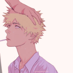 2boys artist_name bakugou_katsuki blonde_hair blouse boku_no_hero_academia brown_eyes cigarette collared_shirt dress_shirt grey_background hand_on_another&#039;s_head head highres looking_up male_focus midoriya_izuku mole mole_under_eye mouth_hold multiple_boys portrait scar shirt short_hair simple_background solo_focus sweat wengwengchim white_shirt