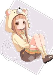 1girl animal_ears animal_hood bow bowtie brown_eyes brown_hair brown_jacket brown_shoes brown_shorts brown_socks closed_mouth commentary_request dotted_line fake_animal_ears fake_tail grey_background highres hood hood_up hooded_jacket hugging_own_legs ichihara_nina idolmaster idolmaster_cinderella_girls idolmaster_cinderella_girls_starlight_stage jacket loafers looking_at_viewer mouse_ears mouse_hood mouse_tail plaid_bow plaid_bowtie plaid_clothes ribbed_socks rino_cnc shoes shorts socks solo tail two-tone_background white_background