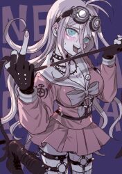 1girl absurdres antenna_hair barbed_wire belt blonde_hair blue_eyes blush boots breasts choker cleavage collar commentary copyright_name danganronpa_(series) danganronpa_v3:_killing_harmony eyelashes fingerless_gloves gloves goggles goggles_on_head hair_between_eyes high_heel_boots high_heels highres holding holding_whip iruma_miu large_breasts long_hair long_sleeves looking_at_viewer middle_finger misoko_(toomuchsushi) multiple_belts muted_color o-ring o-ring_belt open_mouth pink_shirt pleated_skirt purple_background ringed_eyes school_uniform shirt skirt solo spiked_collar spikes standing standing_on_one_leg sweat teeth thigh_belt thigh_strap tongue tongue_out very_long_hair wavy_hair