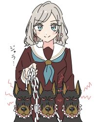 Rule 34 | &gt;:), 1girl, aqua neckerchief, blue eyes, blush, breasts, brown dress, ceras yanagida lilienfeld, chain, chain leash, closed mouth, commentary request, dobermann, dog, dress, grey hair, hair ribbon, hasu no sora school uniform, highres, holding, holding chain, holding leash, leash, link! like! love live!, llkapital, long hair, long sleeves, looking at viewer, love live!, medium breasts, multiple dogs, neckerchief, parody request, pink ribbon, red eyes, ribbon, sailor collar, sailor dress, school uniform, shout lines, smile, solo, split mouth, swept bangs, v-shaped eyebrows, virtual youtuber, white sailor collar, winter uniform