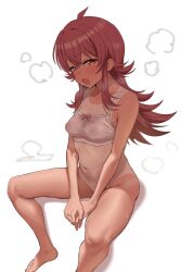 1girl ahoge bottomless bra breasts broccoli_(broccoli2626) check_commentary commentary commentary_request covered_erect_nipples highres idolmaster idolmaster_shiny_colors komiya_kaho long_hair red_eyes red_hair simple_background small_breasts steam steaming_body tan tanline underwear white_background