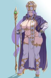 1girl anegawa_eiji bloom blue_background boots breast_curtains breasts cape cleavage full_body gloves groin hair_between_eyes hand_on_own_hip hat high_heel_boots high_heels highres holding holding_staff huge_breasts lips long_hair looking_at_viewer navel open_mouth pelvic_curtain ponytail purple_cape purple_hair shadow simple_background smile solo squinting staff stomach teeth tensei_colosseum:_saijaku_skill_de_saikyou_no_onna-tachi_wo_kouryaku_shite_dorei_harem_tsukurimasu thigh_boots upper_teeth_only very_long_hair white_gloves white_hat zayd