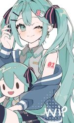 1girl aqua_eyes aqua_hair aqua_nails aqua_necktie aqua_stripes arm_tattoo bare_shoulders black_ribbon black_skirt black_thighhighs blue_jacket blush collared_shirt cross-shaped_pupils ear_piercing earrings floating_earring fuwapuchi grey_shirt hair_between_eyes hair_intakes hair_ornament hair_over_shoulder hair_ribbon hairpin hatsune_miku highres jacket jewelry long_hair looking_at_viewer maca1227 miniskirt necktie number_hair_ornament number_tattoo one_eye_closed open_mouth piercing pink_stripes ribbon shirt sidelocks simple_background skirt sleeveless sleeveless_shirt smile solid_oval_eyes solo striped_clothes striped_jacket striped_ribbon striped_shirt striped_skirt striped_thighhighs symbol-shaped_pupils tattoo thighhighs thighs twintails very_long_hair vocaloid white_background white_stripes zettai_ryouiki
