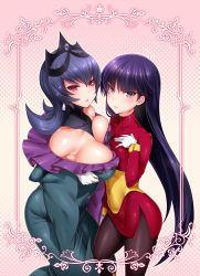10s 1990s_(style) 2girls asymmetrical_docking bad_id bad_tumblr_id bare_shoulders bellelba_(pokemon) breast_press breasts detached_collar dress dual_persona earrings gloves gym_leader hizuki_akira jewelry large_breasts long_hair multiple_girls nintendo pantyhose pokemon pokemon_bw2 pokemon_rgby pokestar_studios pokewood purple_eyes purple_hair red_eyes retro_artstyle sabrina_(pokemon) small_breasts tiara