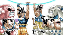 arms_up black_hair colored_skin dougi dragon_ball dragon_ball_gt dragonball_z energy_ball forest_1988 genki_dama highres horns kid_buu majin_buu male_focus monkey_boy monkey_tail multiple_boys muscular muscular_male omega_shenron open_mouth pants pink_skin powering_up shirt short_hair smile son_goku spiked_hair tail teeth torn_clothes vegeta