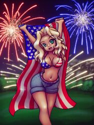 1girl absurdres american_flag american_flag_bikini american_flag_print belt bikini bikini_top_only blonde_hair blue_shorts breasts cleavage denim denim_shorts fireworks flag flag_print flag_print_bikini fourth_of_july girls_und_panzer grass green_eyes highres holding holding_flag kay_(girls_und_panzer) large_breasts long_hair looking_at_viewer mount_rushmore mountain multicolored_bikini navel night night_sky open_mouth print_bikini shorts sky smile soandnb standing star_(sky) star_(symbol) star_print starry_sky statue striped_belt striped_bikini striped_clothes swimsuit tree