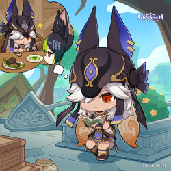 2boys absurdres animal_ear_fluff animal_ears black_hair blue_sky book chibi chibi_only closed_mouth cloud commentary copyright_name copyright_notice cyno_(genshin_impact) dark-skinned_male dark_skin day dot_nose english_commentary food fox_boy fox_ears full_body genshin_impact green_hair grey_hair hair_over_one_eye highres holding holding_book male_focus multiple_boys official_art open_book open_mouth plate red_eyes sky speech_bubble standing standing_on_one_leg thought_bubble tighnari_(genshin_impact) tree