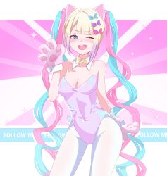 1girl absurdres animal_ears artist_name blonde_hair blue_bow blue_eyes blue_hair bow cat_ears chouzetsusaikawa_tenshi-chan commentary english_text hair_bow hashtag-only_commentary heart highres kittysuit leotard long_hair looking_at_viewer multicolored_hair needy_girl_overdose nontraditional_playboy_bunny open_mouth pink_bow pink_hair playboy_bunny pr_ponnyan purple_bow quad_tails smile solo twintails