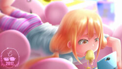 1girl aged_down ass charlie_prout child female_focus food futaba_anzu ice_cream idolmaster idolmaster_cinderella_girls licking licking_ice_cream loli looking_at_phone medium_hair nose orange_eyes orange_hair phone shirt solo t-shirt tongue tongue_out