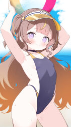 1girl absurdres alternate_costume anya_melfissa armpits arms_up ball beachball blonde_hair blue_choker blue_one-piece_swimsuit blush breasts brown_hair center-flap_bangs choker closed_mouth cloud cloudy_sky commentary covered_navel cowboy_shot day double-parted_bangs highleg highleg_one-piece_swimsuit highres holding holding_ball holding_beachball hololive hololive_indonesia kani_bonara long_hair looking_at_viewer multicolored_hair no_pupils ocean one-piece_swimsuit outdoors purple_eyes short_eyebrows sky small_breasts smile solo standing streaked_hair swimsuit symbol-only_commentary two_side_up very_long_hair virtual_youtuber visor_cap water_drop wet