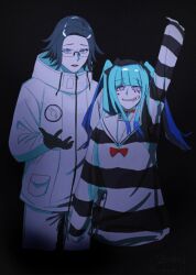 1boy 1girl amemiya_darumi aotsuki_eito arm_up black_background black_bow black_gloves black_hair blue_hair bow collar glasses gloves grey_hair hair_bow hand_up heart jacket long_hair looking_at_viewer makeup multicolored_hair open_mouth pants parted_hair pink_eyes safety_pin shirt simple_background smile striped_clothes striped_shirt teeth the_hundred_line_-last_defense_academy- twintails white_jacket white_pants