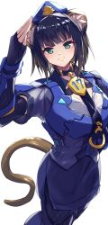 1girl absurdres animal_ear_fluff animal_ears armor black_hair blue_armor blue_hat blue_jacket blue_skirt breastplate breasts cowboy_shot duel_monster fingerless_gloves gloves green_eyes hat highres jacket k9_-_#17_izuna kanzakietc large_breasts salute short_hair simple_background skirt solo weasel_ears weasel_girl white_background yu-gi-oh!