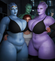 3d 4girls alien artist_name asari_(mass_effect) black_bra black_thighhighs blue_eyes blue_skin bottomless bra breasts cleavage colored_skin commander_shepard commander_shepard_(female) freckles green_skin hand_on_another&#039;s_hip height_difference highres huge_breasts indoors mass_effect_(series) multiple_girls navel plump purple_eyes purple_skin pussy red_eyes red_hair sandreiio size_difference surrounded_by_breasts tank_top thighhighs underwear white_tank_top yuri