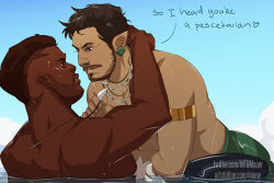 2boys bara beard beard_stubble black_panther:_wakanda_forever blush character_request couple dark-skinned_male dark_skin earrings english_text eye_contact face-to-face facial_hair full_beard imminent_kiss interracial jewelry looking_at_another male_focus marvel_cinematic_universe mature_male mto multiple_boys mustache mustache_stubble namor necklace_pull partially_submerged pectorals pointy_ears seductive_smile short_hair smile stubble thick_eyebrows toned toned_male topless_male tribal undercut very_dark_skin wet yaoi