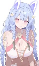 1girl bare_shoulders bikini blue_hair blush braid breasts cleavage closed_mouth fire_emblem fire_emblem_heroes heidrun_(fire_emblem) heidrun_(summer)_(fire_emblem) highres large_breasts long_hair looking_at_viewer n_54 navel nintendo official_alternate_costume red_eyes solo swimsuit upper_body very_long_hair wet white_background white_bikini