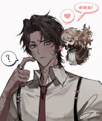 1boy 1girl ? brown_dress brown_eyes brown_gloves brown_hair catherine_(project_moon) chanil_(muexlku) collared_shirt dress gloves heart heathcliff_(project_moon) highres jewelry limbus_company long_hair mini_person minigirl necktie open_mouth parted_bangs project_moon red_necktie ring scar scar_on_arm scar_on_face scar_on_neck shirt simple_background smile speech_bubble w wedding_ring white_shirt