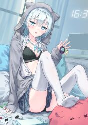 1girl :p ace_(playing_card) ace_of_hearts ace_of_spades animal_hood black_bra black_panties blue_bow blue_eyes blue_hair blush bow bra breasts card cat_hood clock collarbone collared_shirt commentary_request crossed_bangs curtains dice digital_clock grey_hoodie grey_skirt hair_between_eyes hand_up handheld_game_console heart highres holding hood hoodie indoors knees_up lace lace-trimmed_bra lace_trim long_sleeves looking_at_viewer monitor open_clothes open_shirt original panties parufeito pillow plaid_clothes plaid_skirt playing_card pleated_skirt shirt shirt_tucked_in short_hair sitting skirt sleeves_past_wrists small_breasts solo spade_(shape) stepping stuffed_toy thighhighs thighs tongue tongue_out unbuttoned underwear virtual_pet_(toy) white_shirt white_thighhighs window