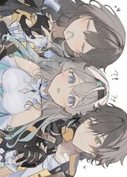 !? :3 aroha252538 black_gloves caelus_(honkai:_star_rail) closed_eyes collared_shirt diamond_cutout firefly_(honkai:_star_rail) frilled_shirt_collar frills gloves gradient_eyes gradient_hair green_pupils grey_hair hair_in_another&#039;s_mouth heart highres holding_hands honkai:_star_rail honkai_(series) long_hair multicolored_eyes multicolored_hair open_mouth shirt short_hair simple_background stelle_(honkai:_star_rail) trailblazer_(honkai:_star_rail) white_background white_shirt yellow_eyes