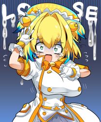 +_+ 1girl blonde_hair blue_background blue_eyes blue_hair bombergirl bow bowtie breasts buttons double-breasted dress fangs flying_sweatdrops gloom_(expression) gloves grenade_hair_ornament hair_intakes hat highres large_breasts lets0020 looking_at_viewer multicolored_hair nervous_smile nervous_sweating open_mouth orange_bow orange_bowtie orange_hat pine_(bombergirl) short_hair short_sleeves smile solo suggestive_fluid sweat tearing_up two-tone_hair two_side_up upper_body white_dress white_gloves