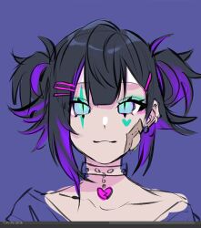 Rule 34 | 1girl, 23i2ko, bandaid, bandaid on face, black hair, blue background, blue eyes, broken heart, choker, double bun, earrings, facial mark, hair bun, heart, heart choker, heart facial mark, jewelry, looking at viewer, multiple earrings, original, portrait, purple streaks, scar, scar across eye, scar on face, simple background, single sidelock, slit pupils, solo