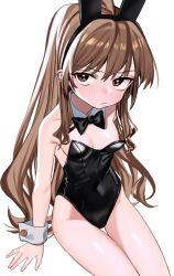 1girl aisaka_taiga animal_ears bare_shoulders blush bow bowtie breasts brown_eyes brown_hair cleavage detached_collar fake_animal_ears frown highres leotard long_hair looking_at_viewer medium_breasts playboy_bunny rabbit_ears simple_background sitting small_breasts solo toradora! white_background wokamiya wrist_cuffs
