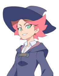 Rule 34 | 1girl, amanda o&#039;neill, breasts, green eyes, hat, hood, hood down, little witch academia, looking at viewer, luna nova school uniform, open collar, orange hair, satochi, shirt, short hair, small breasts, white shirt, wing collar, witch hat