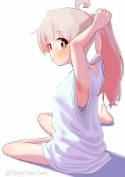 Rule 34 | 1girl, ahoge, armpits, arms up, artist name, bare arms, bare legs, barefoot, brown eyes, colored inner hair, commentary, from side, full body, grey hair, happyundergate, highres, long hair, looking at viewer, multicolored hair, no pants, onii-chan wa oshimai!, oversized clothes, oversized shirt, oyama mahiro, ponytail, shirt, simple background, sitting, solo, twitter username, two-tone hair, tying hair, up sleeve, white background, white shirt, yokozuwari