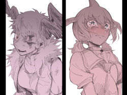 2girls black_border blood blood_on_face blue_eyes blush border brown_eyes chinese_white_dolphin_(kemono_friends) closed_mouth crying crying_with_eyes_open dorsal_fin fins fur_collar gm_(ggommu) head_fins head_wings highres injury kemono_friends kemono_friends_3 lappet-faced_vulture_(kemono_friends) long_hair looking_at_viewer multiple_girls one_eye_closed open_clothes open_mouth open_vest shirt short_hair tears twintails upper_body vest wings