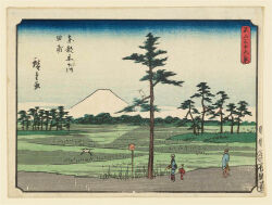 Rule 34 | 19th century, 1boy, 2girls, ando hiroshige, barefoot, bird, black hair, blue sky, crane (animal), field, fine art parody, gradient sky, highres, japan, japanese clothes, kimono, mount fuji, mountain, multiple girls, nihonga, original, outdoors, parody, reeds, rice paddy, sky, thirty-six views of mount fuji (hiroshige), traditional media, translation request, tree, ukiyo-e, volcano, walking
