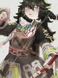 ainu_clothes black_hair bow_(weapon) braid green_headscarf headscarf highres holding holding_bow_(weapon) holding_weapon non-web_source outdoors painting_(medium) pilika_(rune_factory) purple_eyes rune_factory rune_factory:_guardians_of_azuma tagme traditional_media watercolor_(medium) weapon