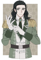 1boy alternate_costume animification belt black_belt black_hair blue_gemstone border closed_mouth collared_shirt commentary english_commentary epaulettes gem gloves green_eyes green_jacket green_necktie grey_background grey_hair hands_up highres iiia_puhiii jacket lapels loki_(marvel) long_sleeves looking_afar male_focus marvel medium_hair necktie outside_border shirt solo upper_body wavy_hair white_border white_gloves white_shirt