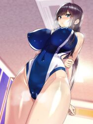 1girl arm_behind_back arms_behind_back bare_arms black_hair blue_eyes blue_one-piece_swimsuit blush breasts cameltoe ceiling ceiling_light closed_mouth commentary_request competition_swimsuit covered_erect_nipples covered_navel highleg highleg_one-piece_swimsuit highres imminent_netorare indoors large_breasts locker locker_room long_hair looking_at_viewer munashi_mujou one-piece_swimsuit original sidelocks solo standing swimsuit thick_thighs thighs wide_hips yuuka_(munashi_mujou)