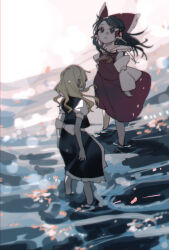 2girls black_eyes black_hair black_skirt black_vest blonde_hair bow detached_sleeves expressionless frills from_above full_body hair_tubes hakurei_reimu highres kirisame_marisa long_hair multiple_girls red_bow red_shirt red_skirt shi_chimi shirt skirt touhou vest wading water white_shirt