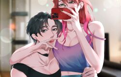 Rule 34 | 2girls, alt text, arm around neck, black choker, black eyes, black hair, black nails, black tank top, blurry, blurry background, breasts, cellphone, choker, cleavage, collarbone, commentary request, gradient clothes, gradient hair, gradient shirt, green eyes, green nails, hand on another&#039;s waist, highres, holding, holding phone, large breasts, licking another&#039;s finger, long hair, looking at viewer, multicolored hair, multiple girls, original, phone, pink hair, purple shirt, red hair, selfie, shirt, short hair, smartphone, strap slip, sweetandsour9, tank top, thai commentary, upper body, yuri