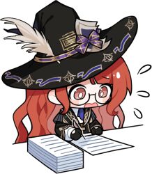 1girl arm_on_table artist_request ascot belt black-framed_eyewear black_gloves black_hat black_robe black_skirt blue_ascot blunt_bangs blush_stickers bow bright_pupils brown_belt brown_eyes chibi cropped_torso enchanted_writing_(infinity_nikki) flying_sweatdrops glasses gloves hand_on_table hat hat_bow hat_feather high-waist_skirt high_belt holding holding_quill infinity_nikki layered_sleeves long_hair long_sleeves looking_at_object nikki_(series) official_art open_mouth orange_hair panicking paper paper_stack purple_bow quill robe round_eyewear shirt skirt solo tareme transparent_background very_long_hair wavy_hair white_pupils white_shirt witch_hat wizard writing
